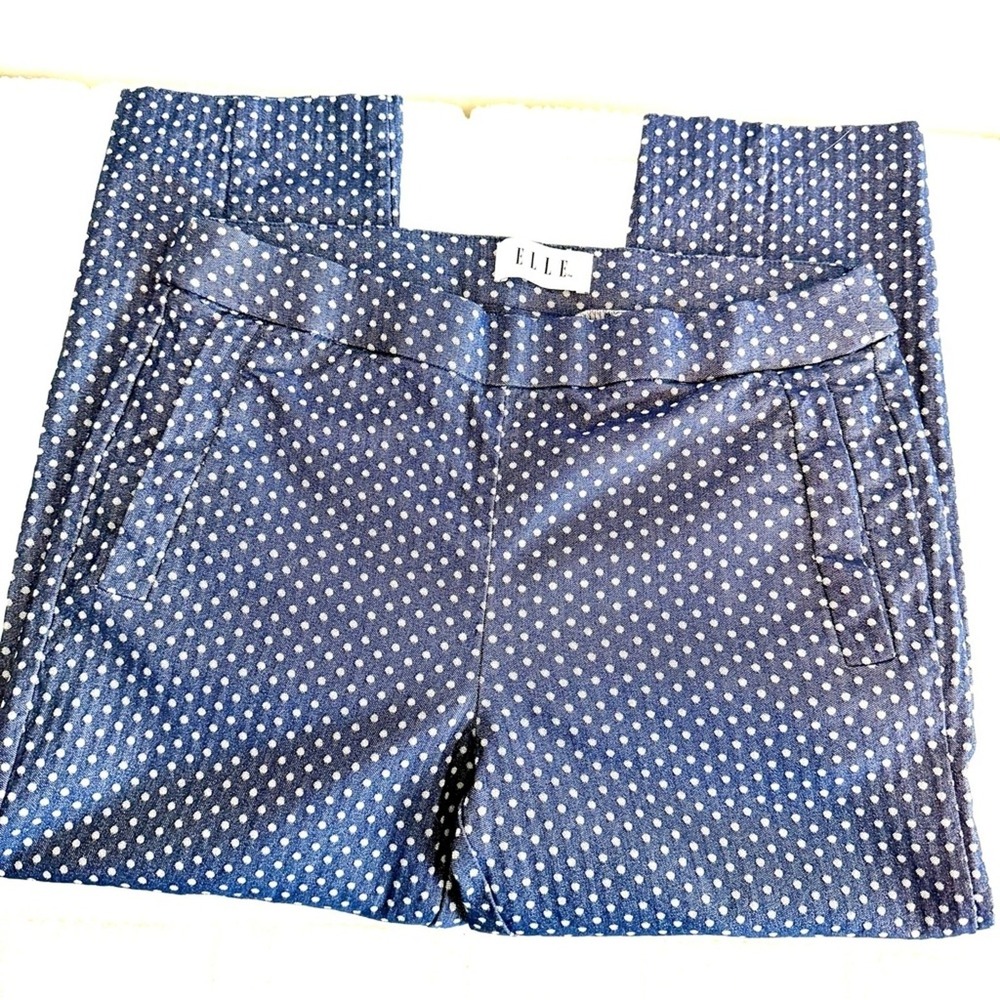 ELLE Blue White Polka Dot Slim Leg Ankle Pants M Stretch Chic Pull On Casual